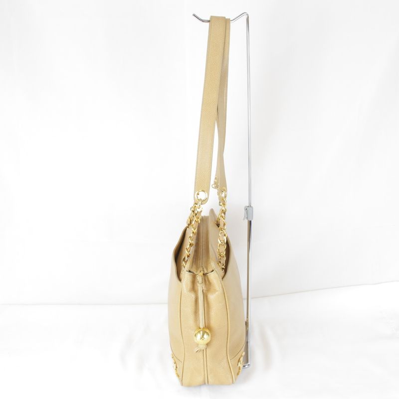 USED Chanel Triple Coco Chain Shoulder Bag Seal #3 Caviar Skin Beige Ladies