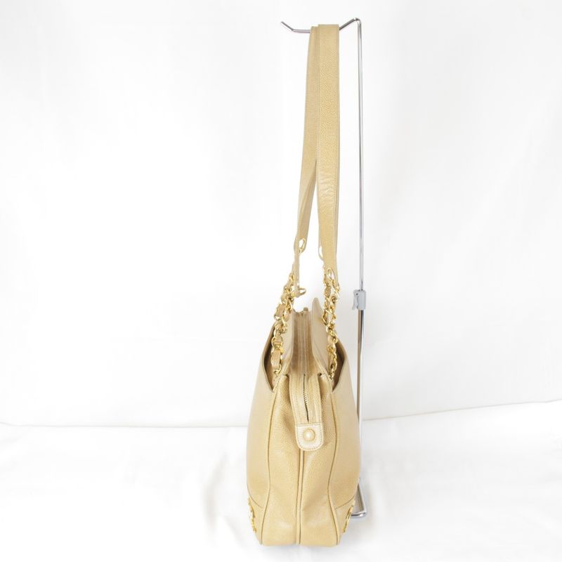 USED Chanel Triple Coco Chain Shoulder Bag Seal #3 Caviar Skin Beige Ladies