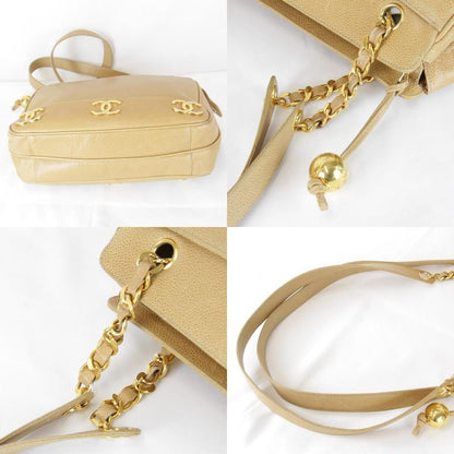 USED Chanel Triple Coco Chain Shoulder Bag Seal #3 Caviar Skin Beige Ladies