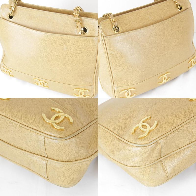 USED Chanel Triple Coco Chain Shoulder Bag Seal #3 Caviar Skin Beige Ladies