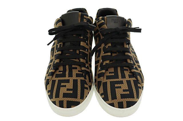 Fendi Zucca Pattern FF Logo Canvas Leather Low Cut Sneakers 1258 7E Brown Black