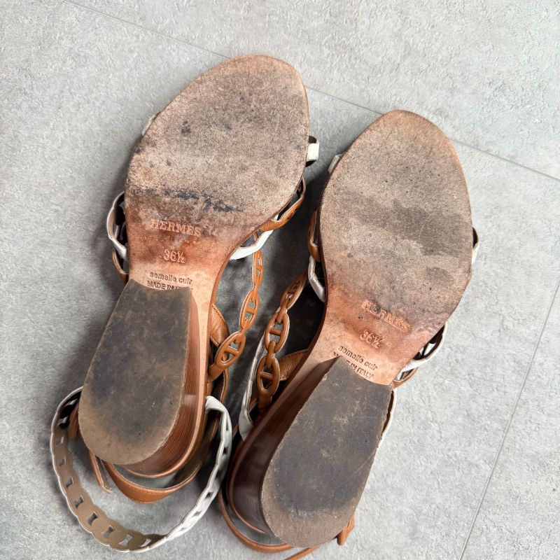 Hermes Romanza Leather Chaine D'ancre Sandals Brown Strap Women's 36 1 2 23.5cm