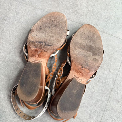 Hermes Romanza Leather Chaine D'ancre Sandals Brown Strap Women's 36 1 2 23.5cm