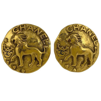 Chanel Logo Round Earrings CC Mark Lion Motif Earrings GP Gold Ladies