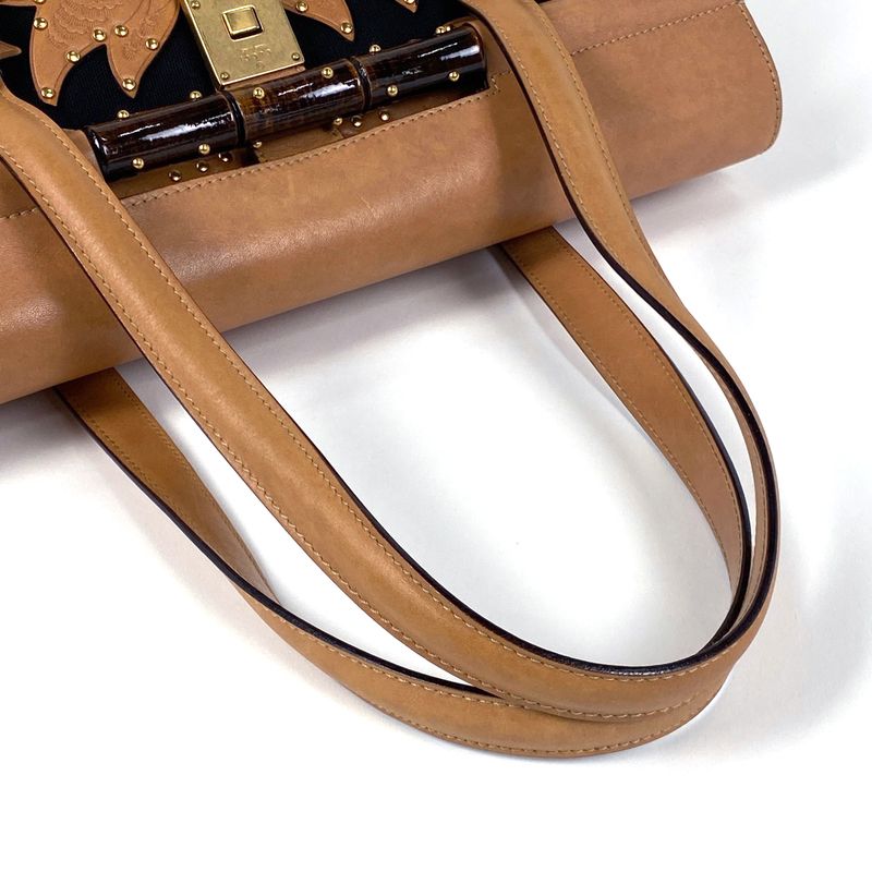 Gucci Logo Handbag Bamboo Studded Flower Handbag Leather Brown 123259 Women