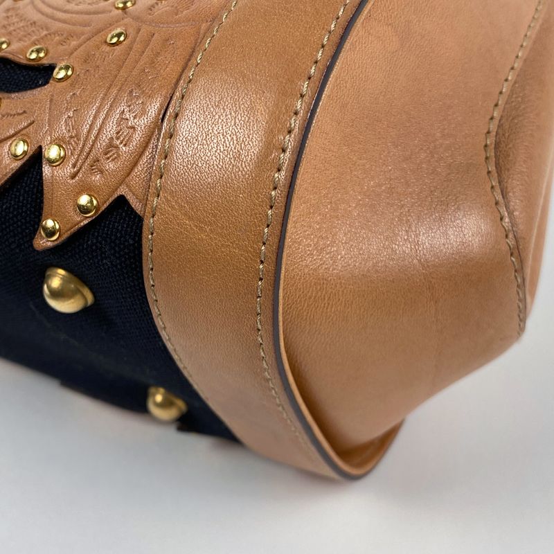 Gucci Logo Handbag Bamboo Studded Flower Handbag Leather Brown 123259 Women