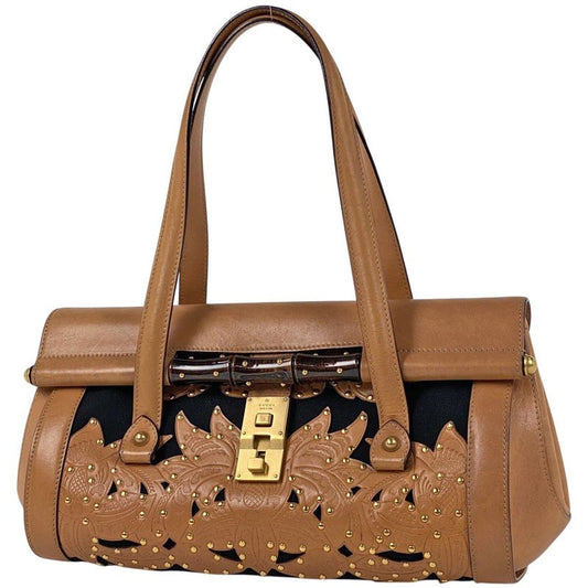 Gucci Logo Handbag Bamboo Studded Flower Handbag Leather Brown 123259 Women