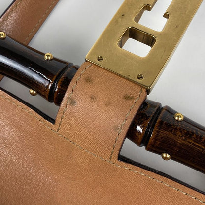 Gucci Logo Handbag Bamboo Studded Flower Handbag Leather Brown 123259 Women