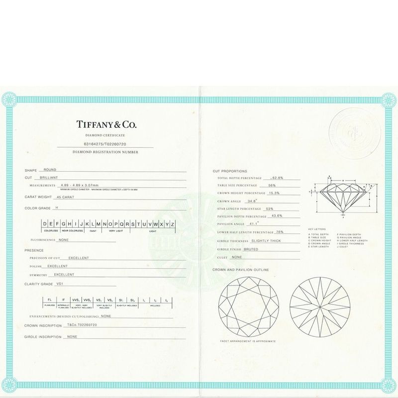 Tiffany & Co Solitaire 045ct Diamond Ring H-vs1-3ex Pt950