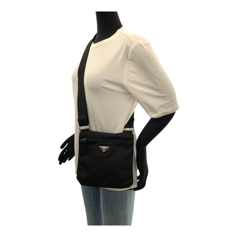 Prada Tessuto Triangle Logo Plate Black Silver Hardware Nylon Shoulder Bag