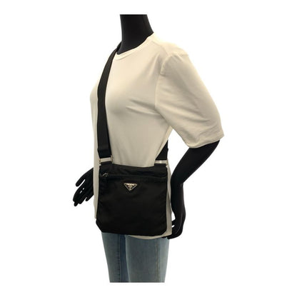 Prada Tessuto Triangle Logo Plate Black Silver Hardware Nylon Shoulder Bag
