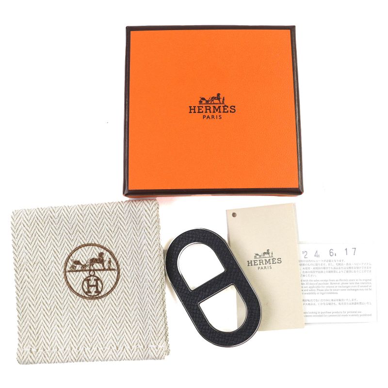 Hermes Chêne D'ancre Brooch Leather Silver Hardware Current Black With Box And