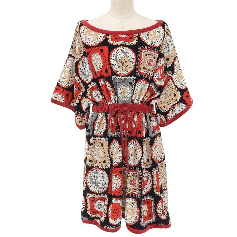 CHANEL 09P P35852 Coco Mark All-pattern Velour Dress Tunic Multi 42 Made In