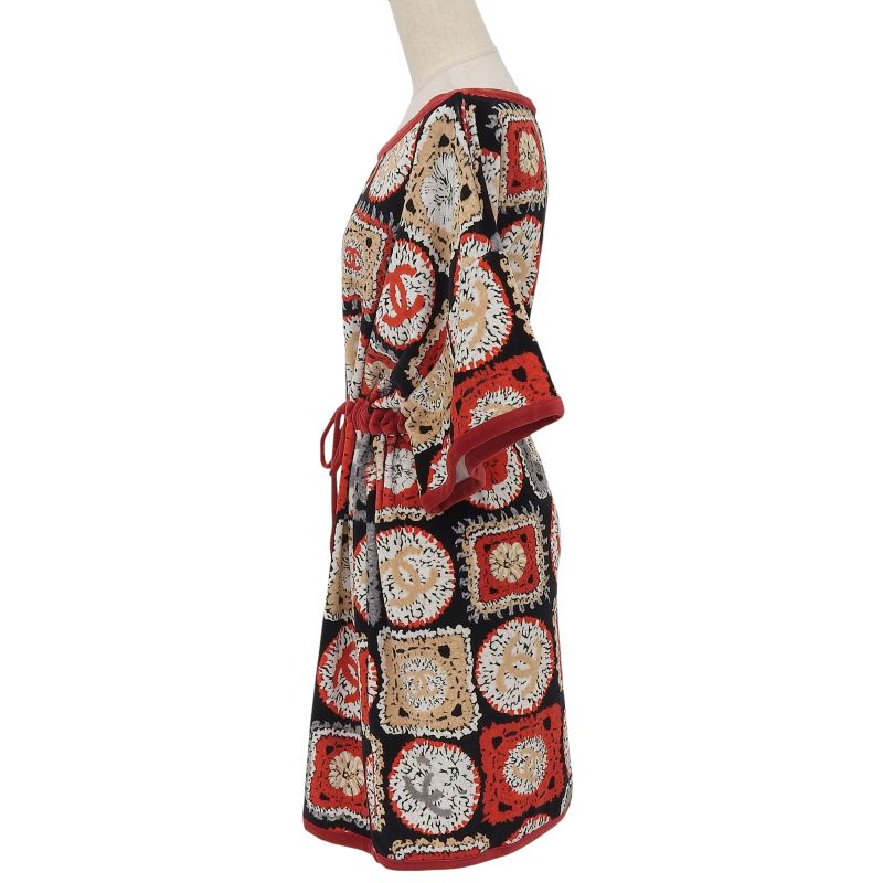 CHANEL 09P P35852 Coco Mark All-pattern Velour Dress Tunic Multi 42 Made In