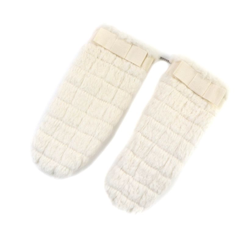 CHANEL Lapin Fur Ribbon Design Gloves With Coco Mark Chain Gloves Off White M