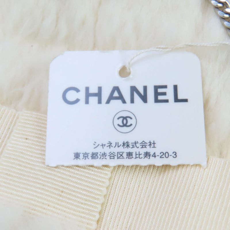 CHANEL Lapin Fur Ribbon Design Gloves With Coco Mark Chain Gloves Off White M