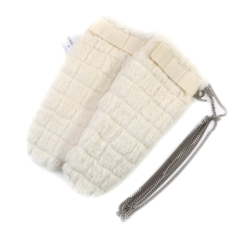CHANEL Lapin Fur Ribbon Design Gloves With Coco Mark Chain Gloves Off White M