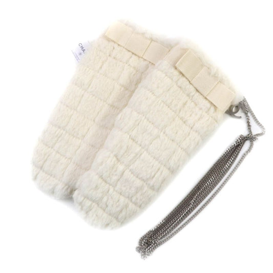 CHANEL Lapin Fur Ribbon Design Gloves With Coco Mark Chain Gloves Off White M