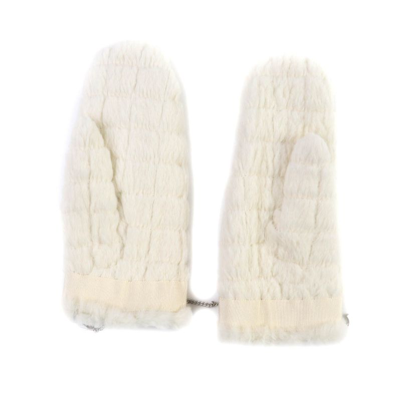 CHANEL Lapin Fur Ribbon Design Gloves With Coco Mark Chain Gloves Off White M