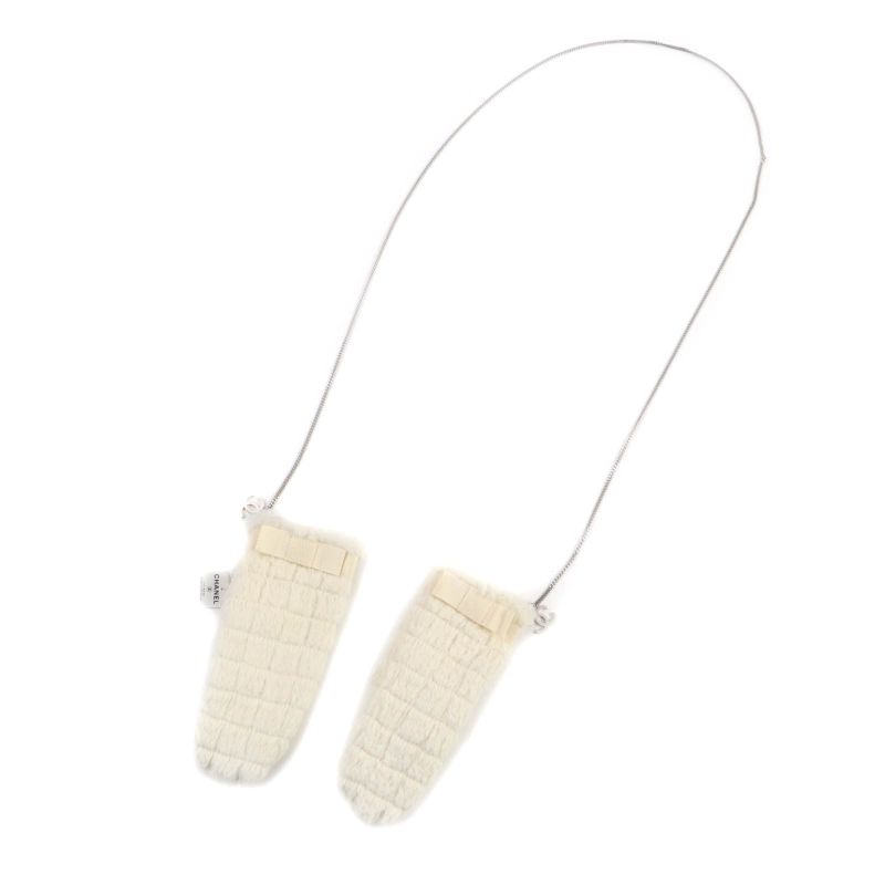 CHANEL Lapin Fur Ribbon Design Gloves With Coco Mark Chain Gloves Off White M