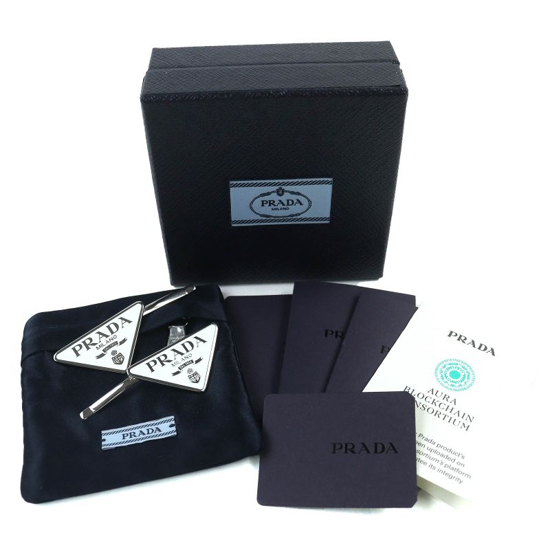 Prada 1if051 Triangle Logo Metal Hairpin Hair Accessory White Silver With Box