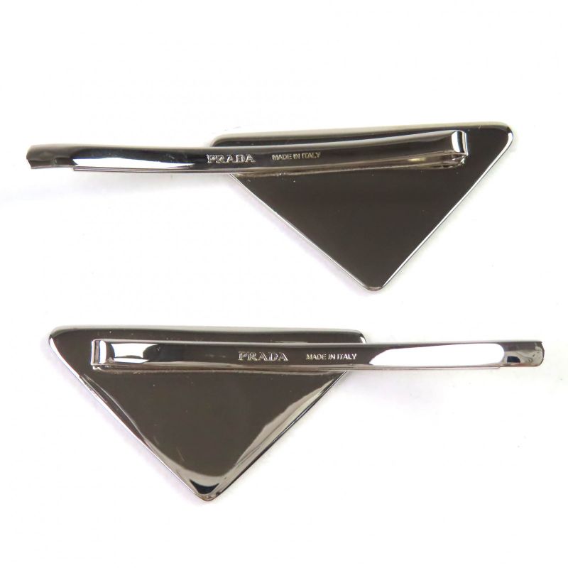 Prada 1if051 Triangle Logo Metal Hairpin Hair Accessory White Silver With Box