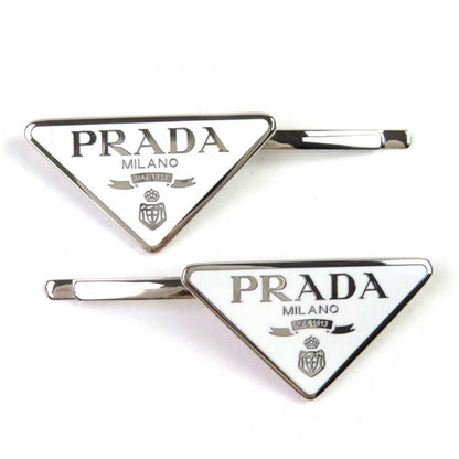 Prada 1if051 Triangle Logo Metal Hairpin Hair Accessory White Silver With Box
