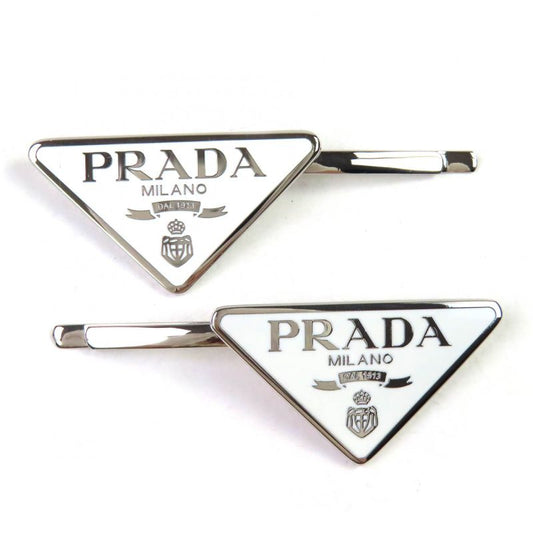 Prada 1if051 Triangle Logo Metal Hairpin Hair Accessory White Silver With Box