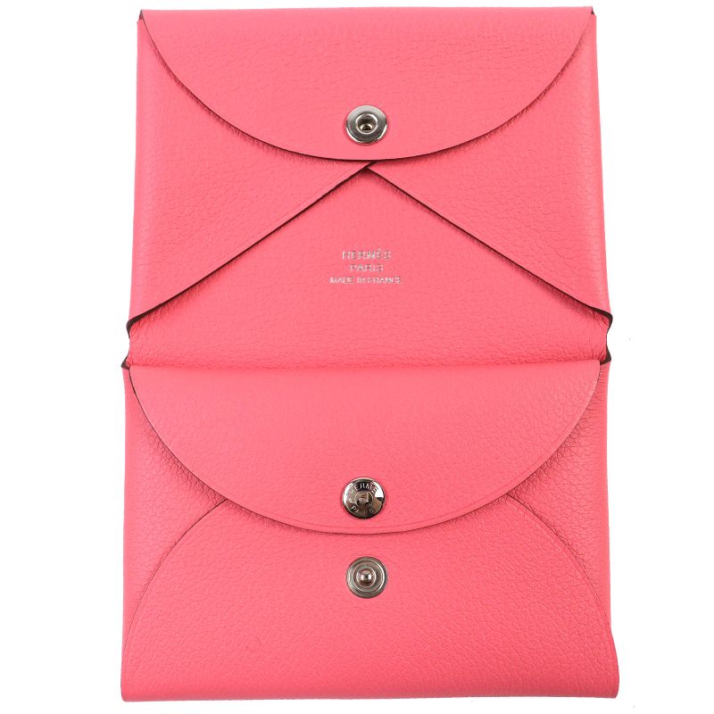 Hermes Calvi Duo Evercolor Rose Azalea Silver Hardware Coin Case W Engraved Box