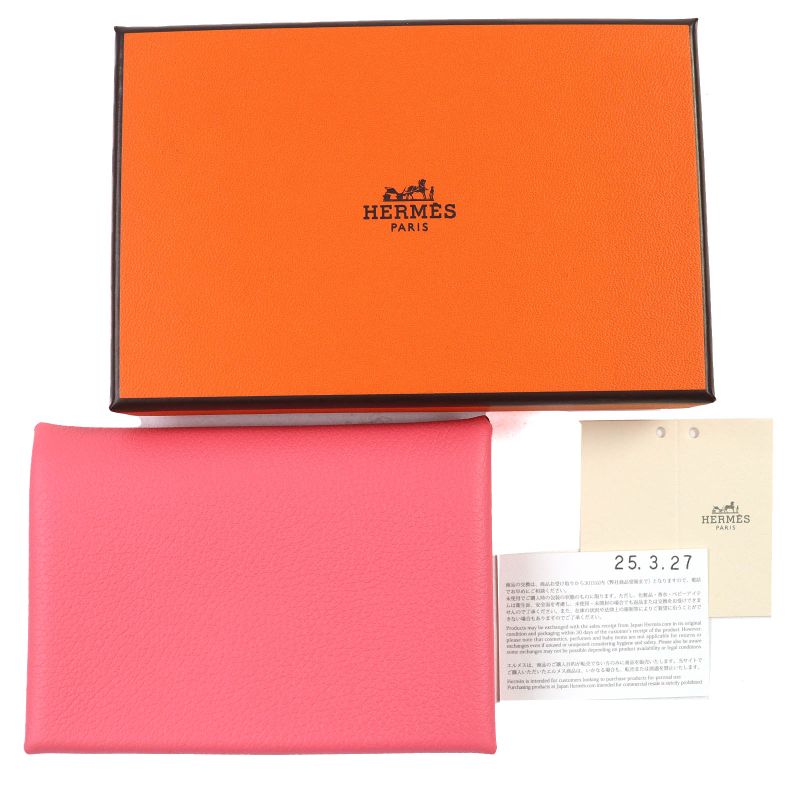 Hermes Calvi Duo Evercolor Rose Azalea Silver Hardware Coin Case W Engraved Box