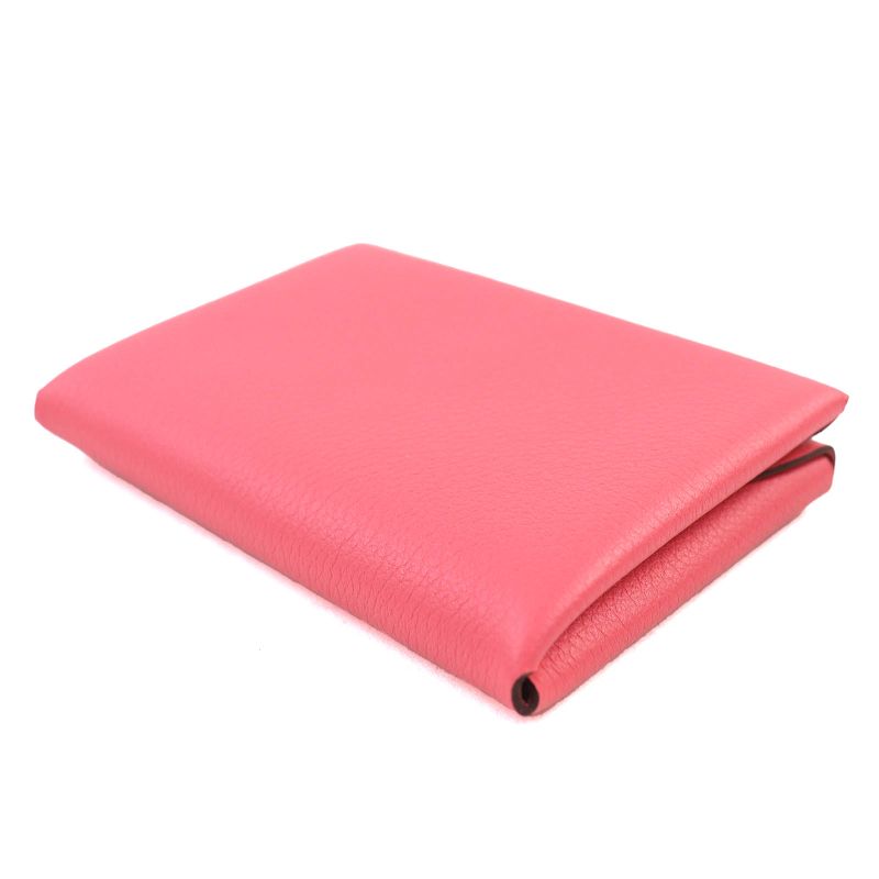 Hermes Calvi Duo Evercolor Rose Azalea Silver Hardware Coin Case W Engraved Box