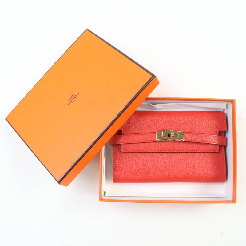 Hermes Rouge Tomato Chevre Kelly Medium Wallet Trifold Wallet With Box Stamped