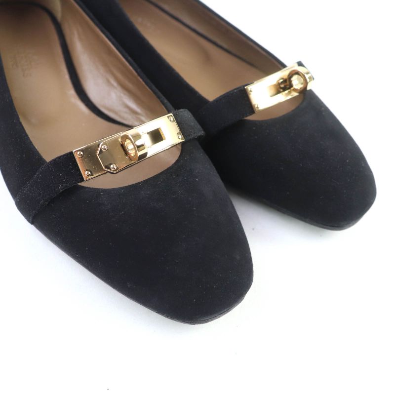 Hermes Bilbao Gold Hardware Kelly Buckle Square Toe Suede Leather Flat Pumps