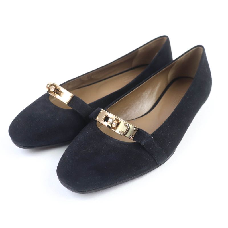 Hermes Bilbao Gold Hardware Kelly Buckle Square Toe Suede Leather Flat Pumps