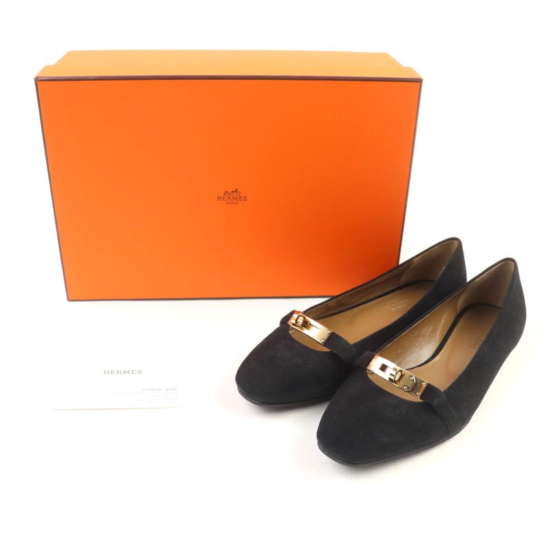 Hermes Bilbao Gold Hardware Kelly Buckle Square Toe Suede Leather Flat Pumps
