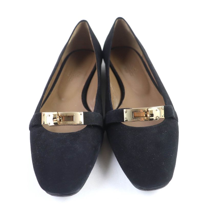 Hermes Bilbao Gold Hardware Kelly Buckle Square Toe Suede Leather Flat Pumps