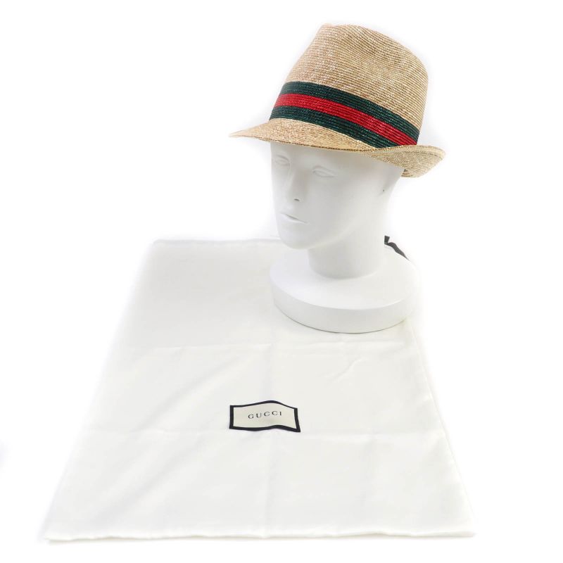 Gucci 434760 Straw Cotton Web Stripe Hat Straw Hat Natural M 57cm (22.44in)