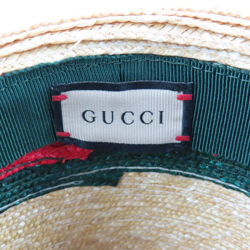 Gucci 434760 Straw Cotton Web Stripe Hat Straw Hat Natural M 57cm (22.44in)