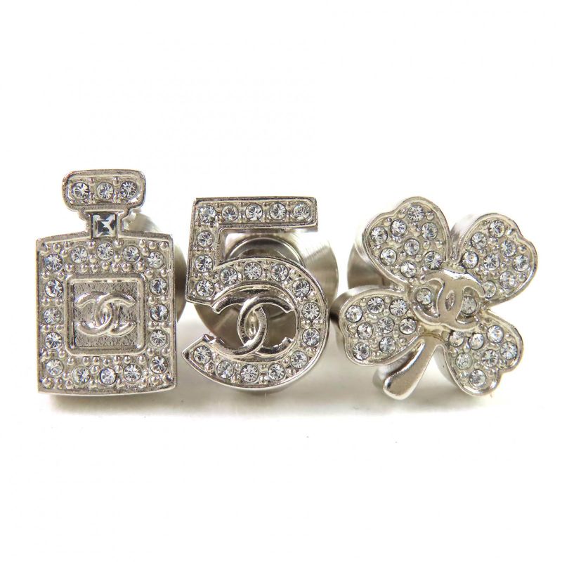 CHANEL A22P Coco Mark Icon Rhinestone No.5 Clover Bottle Pin Brooch Set Of 3