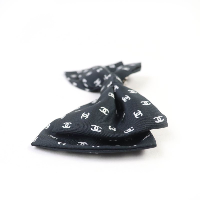 CHANEL 25P 100% Silk Coco Mark Design Ribbon Barrette Hair Accessory Black With