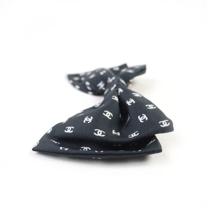 CHANEL 25P 100% Silk Coco Mark Design Ribbon Barrette Hair Accessory Black With