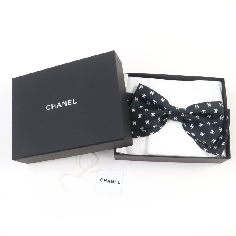 CHANEL 25P 100% Silk Coco Mark Design Ribbon Barrette Hair Accessory Black With