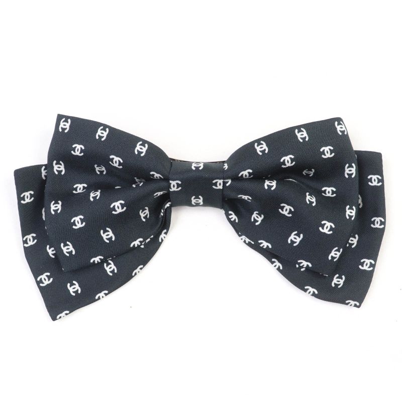 CHANEL 25P 100% Silk Coco Mark Design Ribbon Barrette Hair Accessory Black With