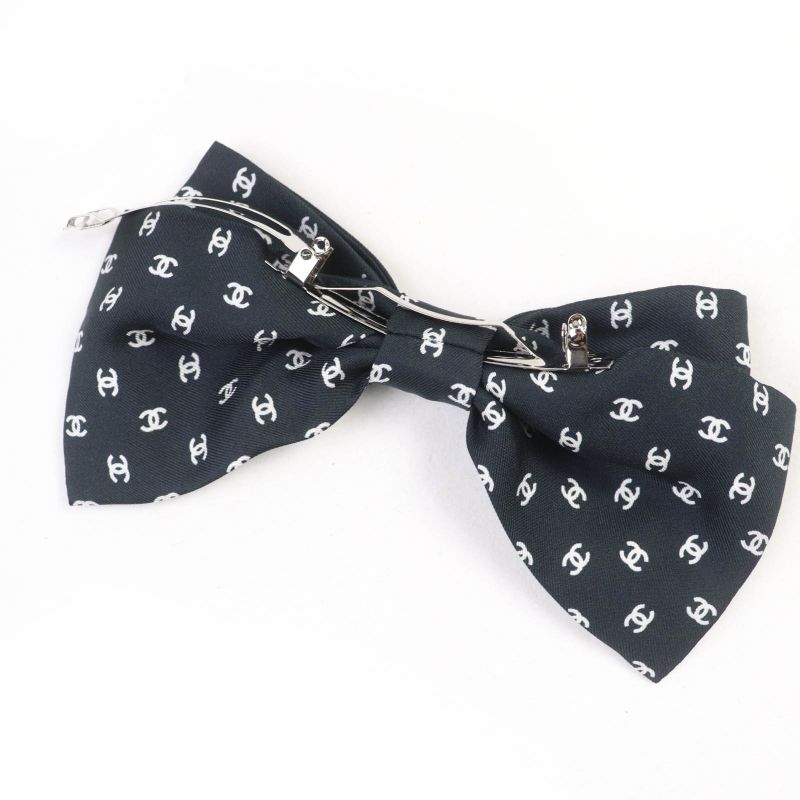 CHANEL 25P 100% Silk Coco Mark Design Ribbon Barrette Hair Accessory Black With