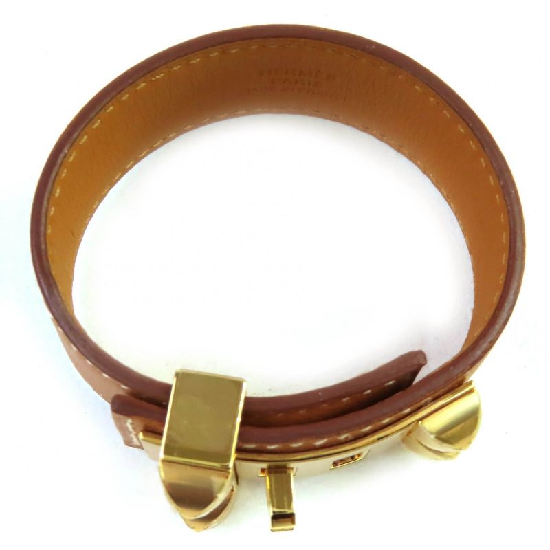 Hermes Collier De Chien 24 Leather Gold Pink Gold Hardware Bangle Bracelet T2 D