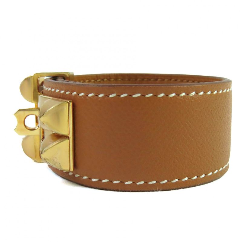 Hermes Collier De Chien 24 Leather Gold Pink Gold Hardware Bangle Bracelet T2 D