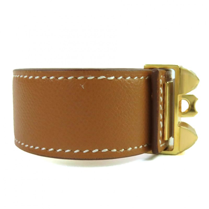 Hermes Collier De Chien 24 Leather Gold Pink Gold Hardware Bangle Bracelet T2 D