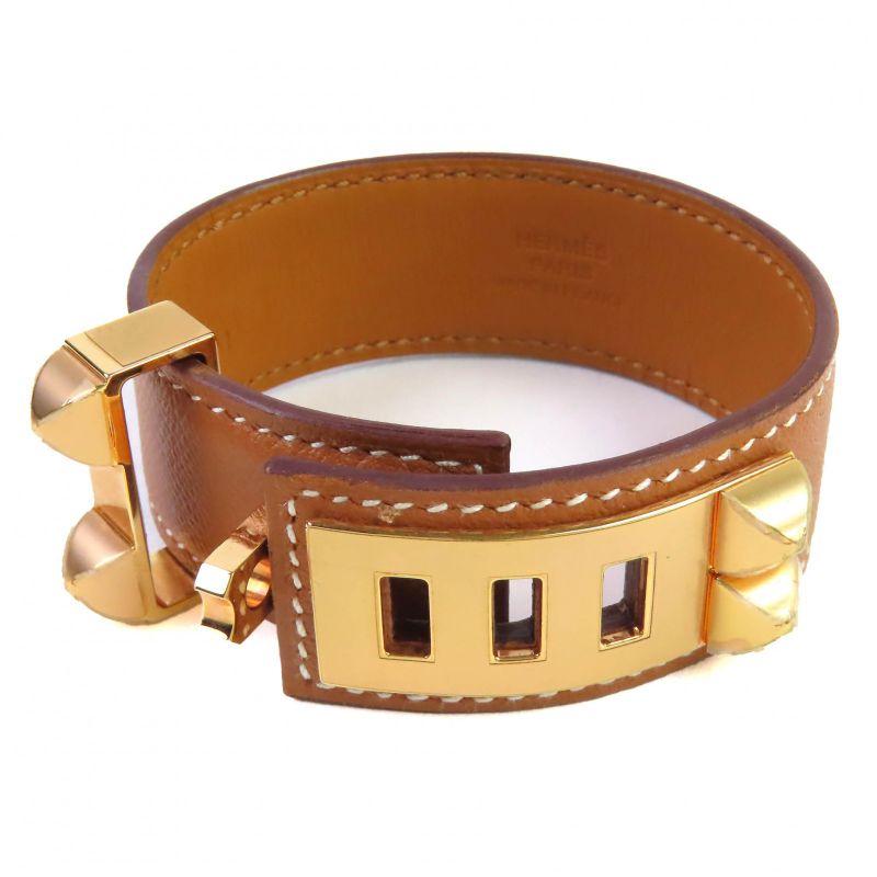 Hermes Collier De Chien 24 Leather Gold Pink Gold Hardware Bangle Bracelet T2 D