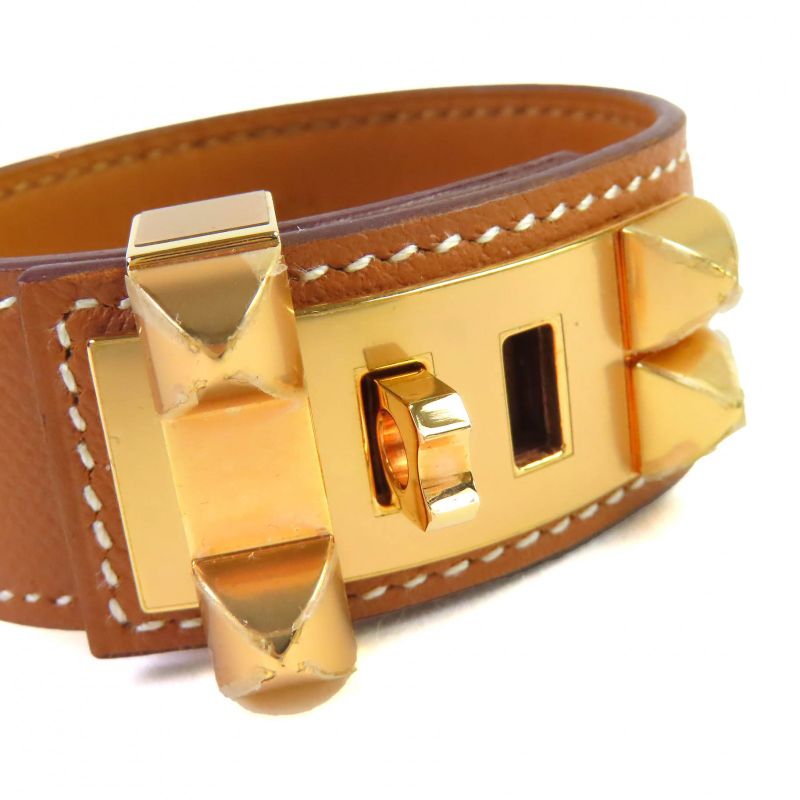 Hermes Collier De Chien 24 Leather Gold Pink Gold Hardware Bangle Bracelet T2 D