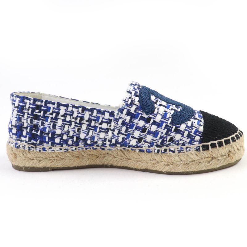 CHANEL G34546 Coco Mark Espadrilles Tweed Flat Shoes Blue 35 Women